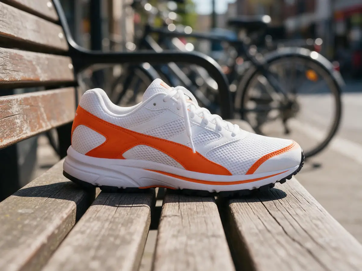 White and orange running sneaker on a wooden bench — before