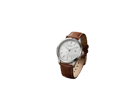 Silver wristwatch on a wooden table beside a coffee cup and notebook