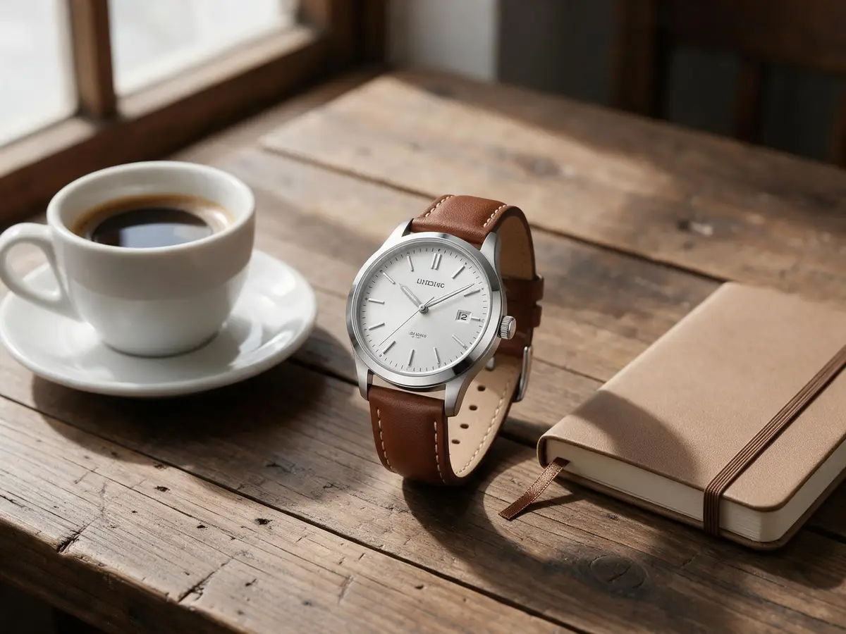 Silver wristwatch on a wooden table beside a coffee cup and notebook — before