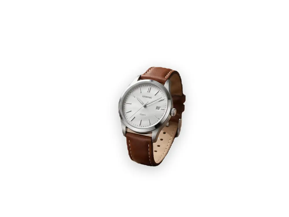 Silver wristwatch on a wooden table beside a coffee cup and notebook — background removed with Kenerate Object Pick