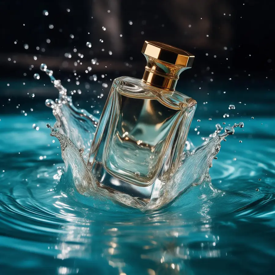 AI product photo of a perfume bottle splashing into turquoise water