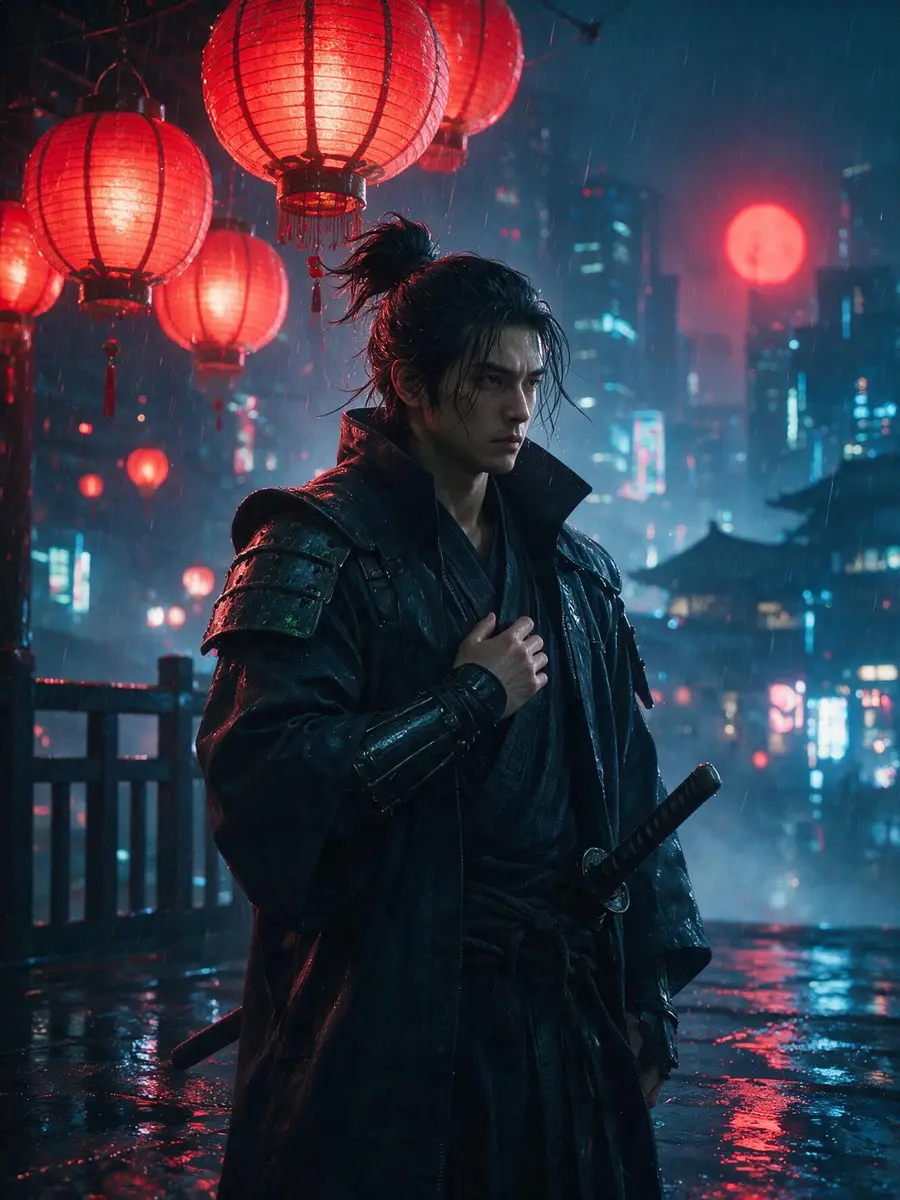 AI cyberpunk samurai in the rain under red lanterns