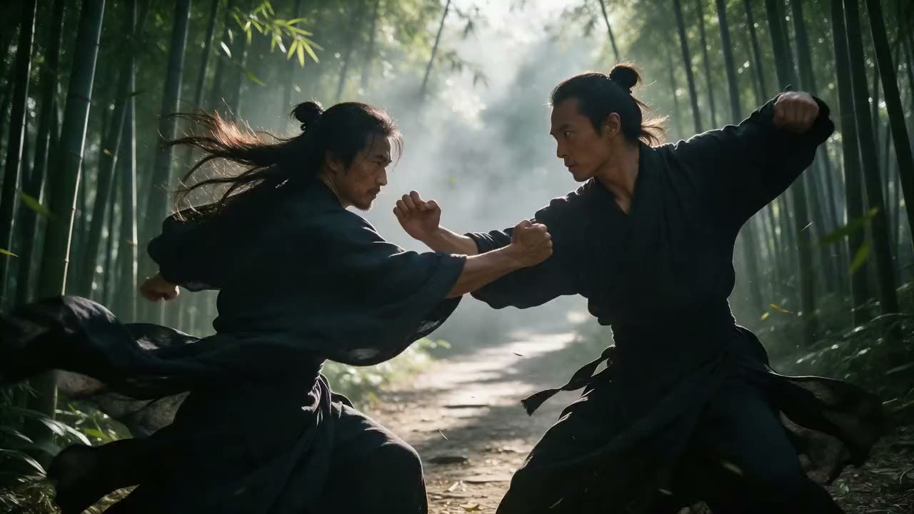 AI video: two martial artists fighting in a misty bamboo forest