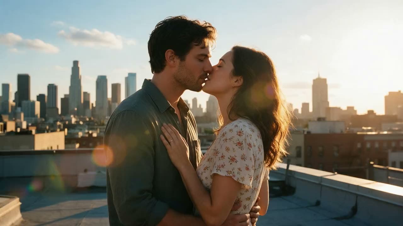 AI video: a couple kissing on a rooftop at golden hour