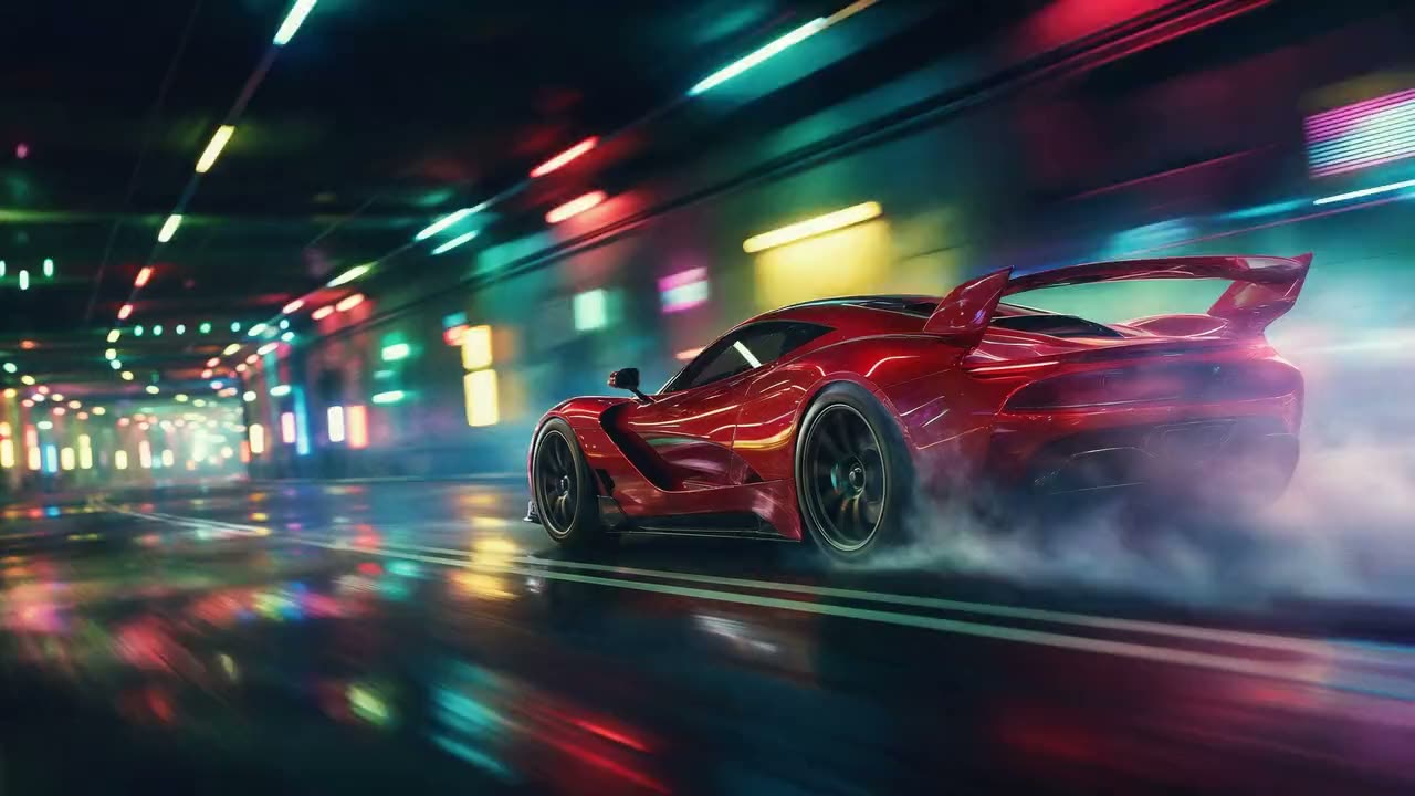 AI video: a red sports car racing through a neon tunnel