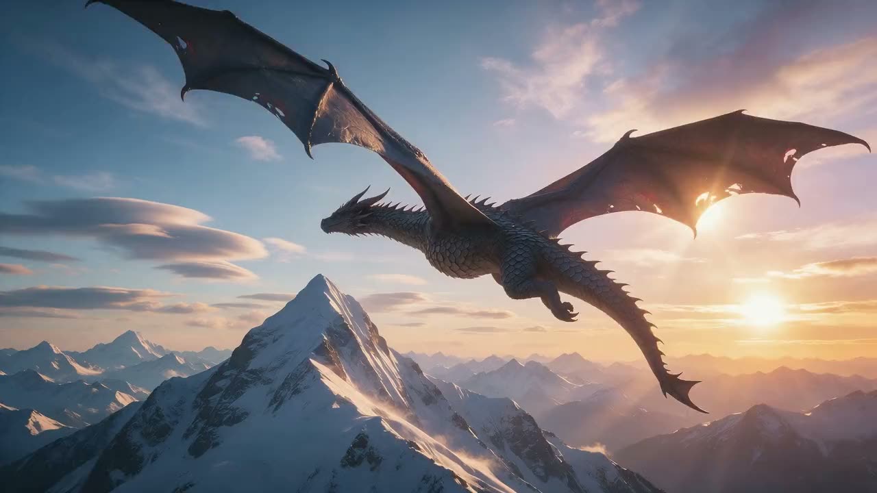 AI video: a dragon flying over snowy mountains at sunrise