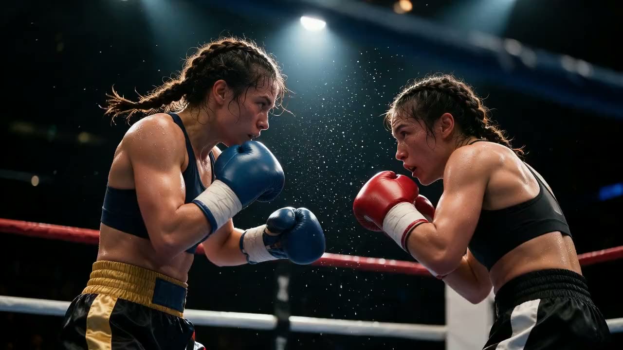 AI video: a slow-motion boxing exchange under spotlights