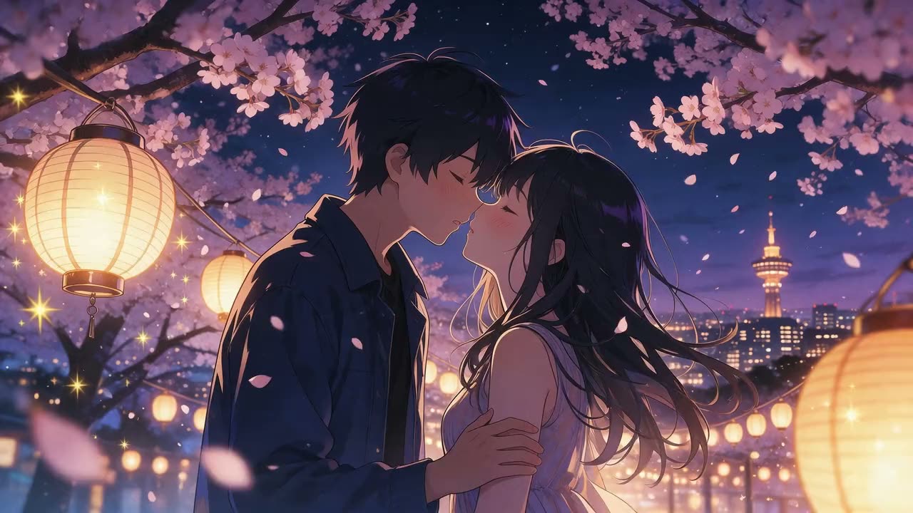 AI anime video: a couple under cherry blossoms at night