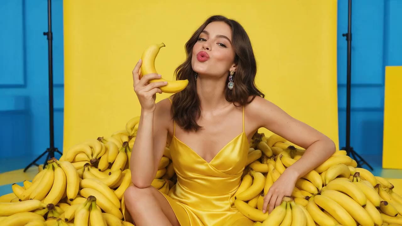 Nano Banana 2.1 launch: a woman in a yellow dress among bananas