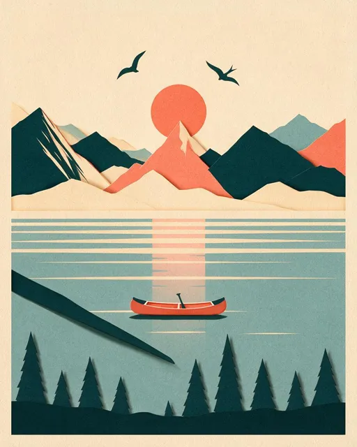 A flat paper-cut style poster of a mountain lake at sunset with a red canoe, two birds and pine trees in teal, coral and cream