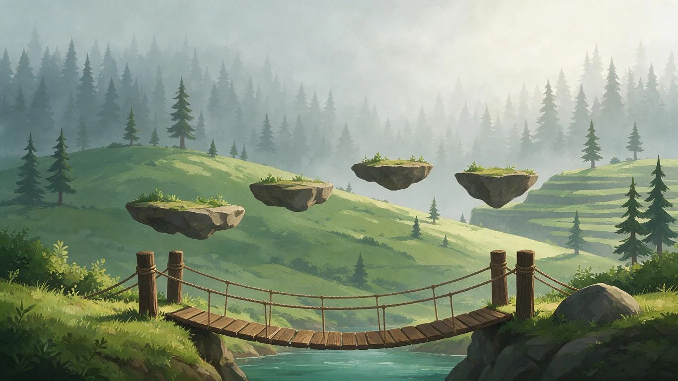 A 2D platformer game background with misty pine forest, green hills, floating stone platforms and a rope bridge over a river