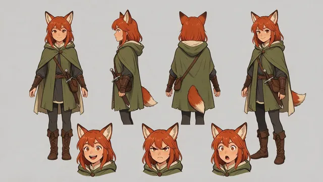 A 2D character sheet of a fox-eared adventurer in a green cloak shown from front, side, back and three-quarter views, with three facial expressions