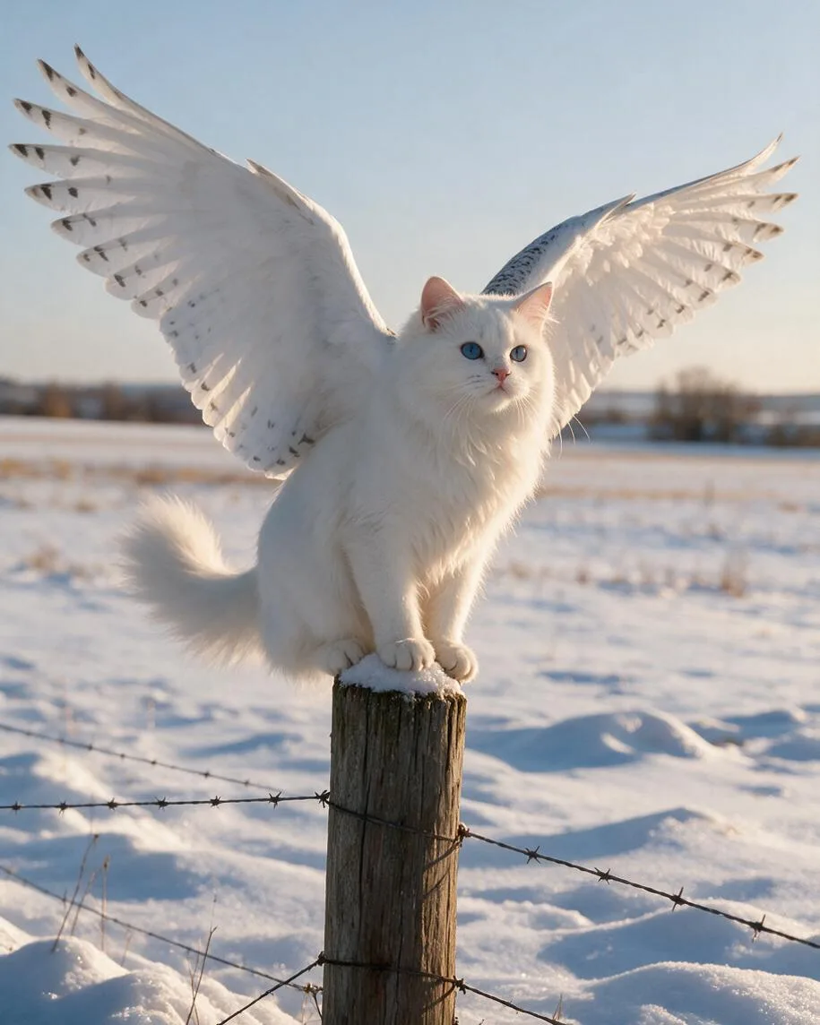 White fluffy cat with blue eyes and large white speckled snowy owl wings spread wide, perched on a fence post in a snowy field