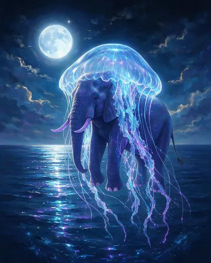 Elephant under a glowing translucent jellyfish bell with trailing blue and violet tentacles, floating above a moonlit ocean