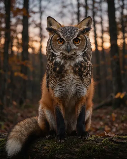 Photoreal hybrid with a great horned owl's face and feathered chest on a red fox's body, ears and bushy tail, sitting on a mossy log in an autumn forest at dusk