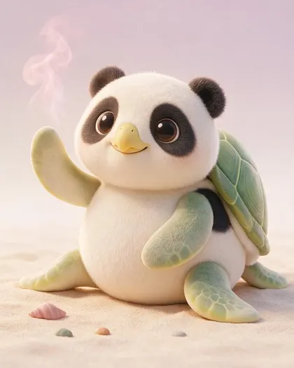Cute 3D cartoon panda with a yellow beak, green turtle flippers and a turtle shell, sitting on a sandy beach waving