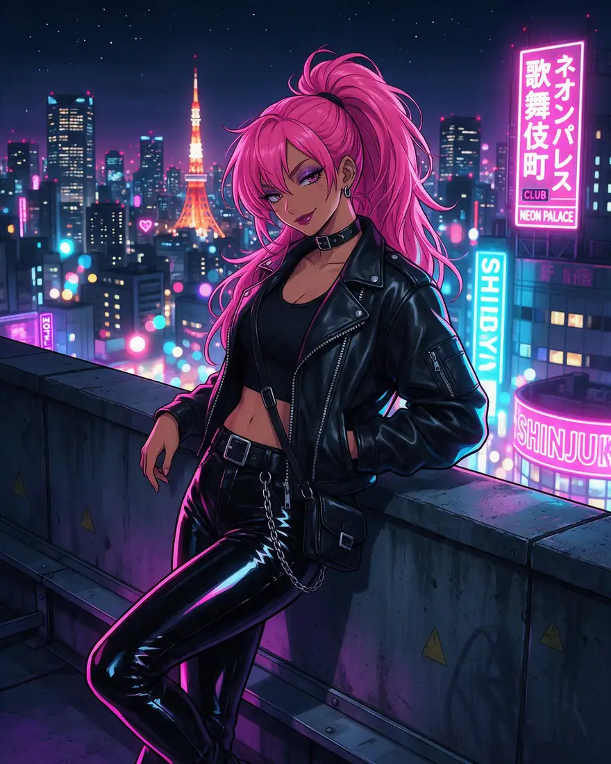 Anime-Frau mit pinken Haaren und Lederjacke auf einem neonbeleuchteten Dach in Tokio bei Nacht