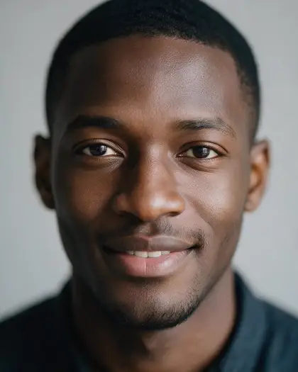 The same man made younger, about 22: smoother skin and a lighter beard