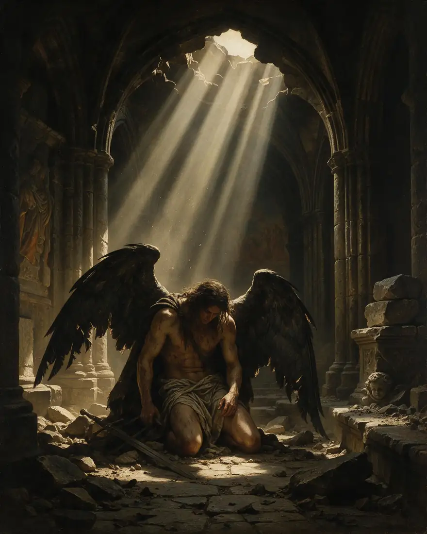 Fallen angel with torn black wings kneeling in a ruined cathedral