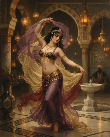 Belly dancer in a jewelled costume with veils in a lantern-lit palace