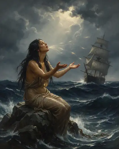 Siren with long wet hair singing on a rock as a ship passes in a storm