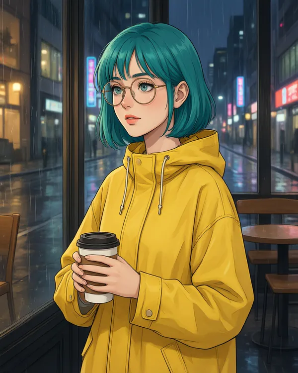 AI-generated anime illustration of a woman with short teal hair and round glasses in a yellow raincoat holding a coffee cup by a rainy café window at night