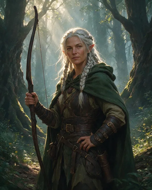 AI-generated fantasy painting of an elven ranger woman with silver braids, a green hooded cloak and leather armour holding a longbow in a misty forest
