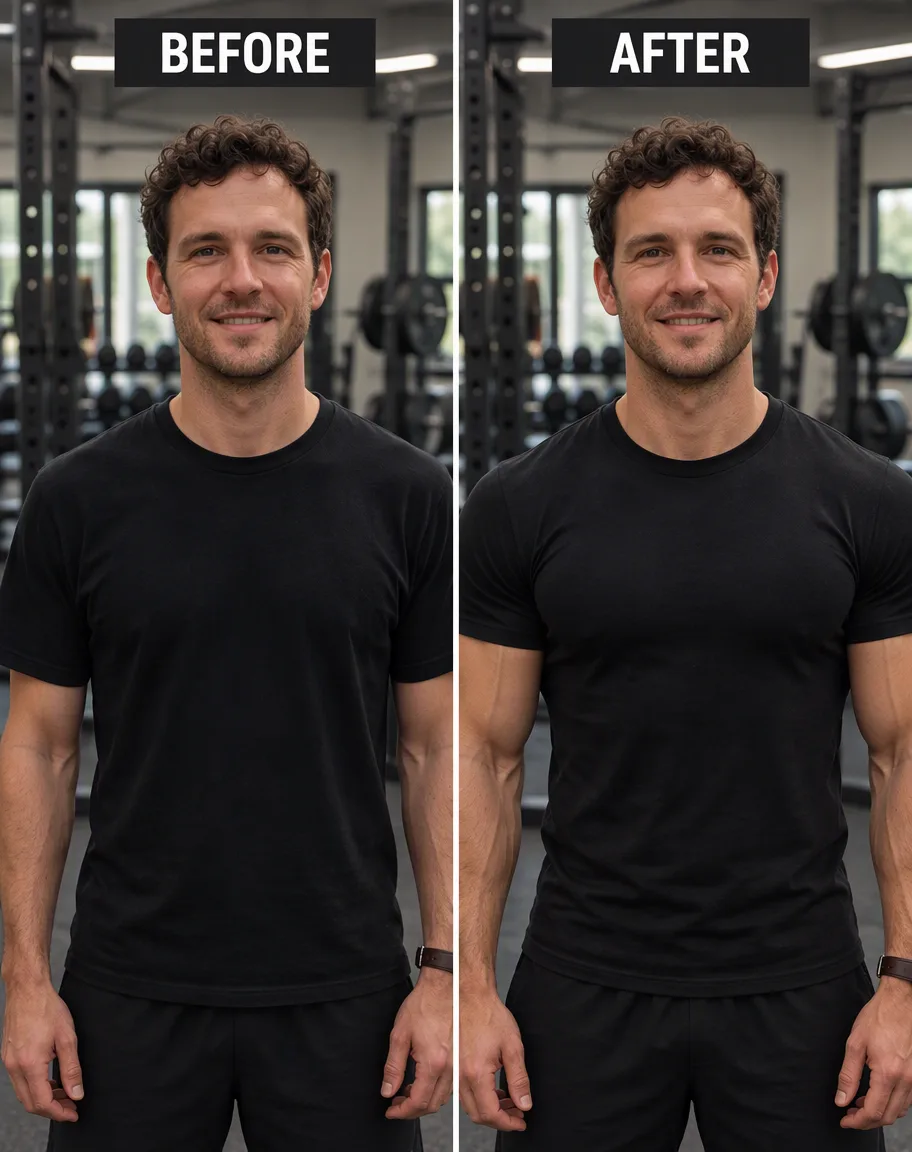 Before / after: Show this same man as a muscular bodybuilder. Keep his face recognisable — same curly dark hair, stubble, eyes and smile. Give him a big, defined bodybuilder physique: broad shoulders, large arms, wide back.