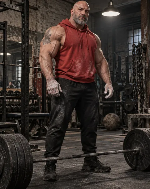 A fictional bald bodybuilder with a grey beard in a red sleeveless hoodie and chalked hands standing by a loaded barbell in an old-school gym