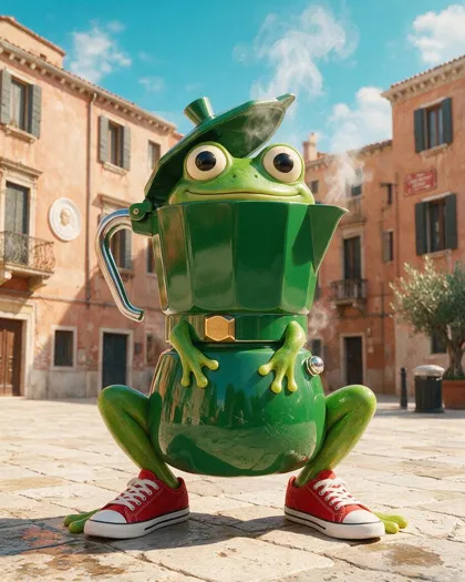 A glossy green frog whose body is a stovetop moka espresso pot, steam rising, wearing red sneakers on a sunny Italian piazza