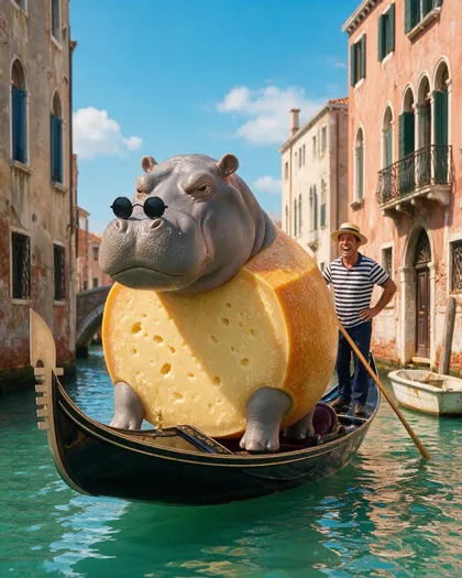 A grumpy grey hippo whose body is a giant wheel of parmesan cheese, wearing round sunglasses, sitting in a gondola on a Venice canal