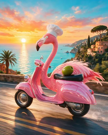 A pink flamingo whose body is a pink Vespa-style scooter, wearing a chef hat, riding a coastal road at sunset
