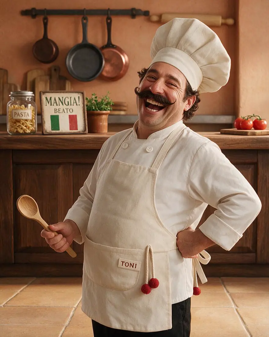 A real laughing chef with a curly moustache, white hat and apron, made from a 3D cartoon chef