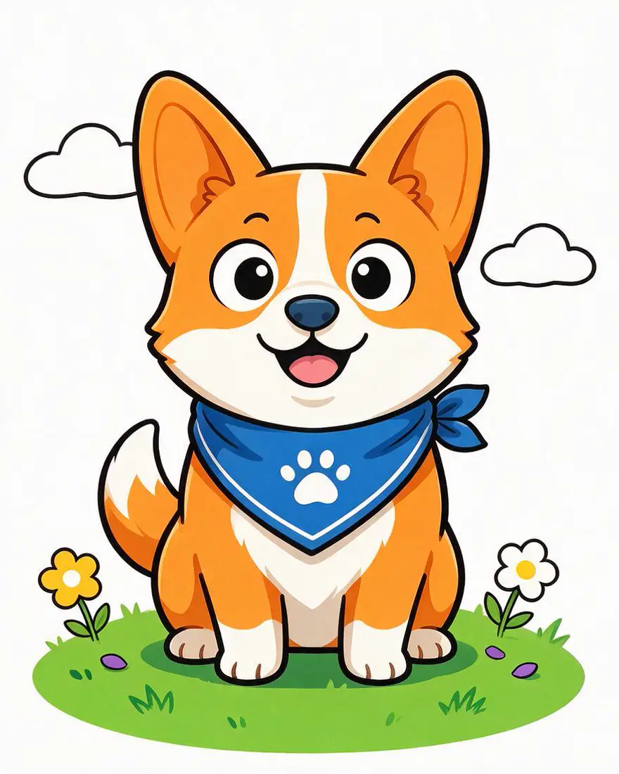 2D mascot: Turn this cartoon into a realistic photograph of a real Pembroke Welsh corgi: same orange and white coat, blue bandana with a white paw print, happy open-mouth expression, natural fur, DSLR pet photo. Keep the pose and composition the same.