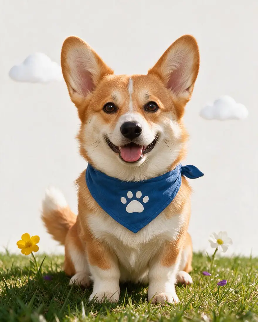 Real corgi: Turn this cartoon into a realistic photograph of a real Pembroke Welsh corgi: same orange and white coat, blue bandana with a white paw print, happy open-mouth expression, natural fur, DSLR pet photo. Keep the pose and composition the same.