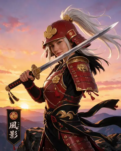 An anime samurai woman turned semi-realistic: a real face, but armour and sunset still look painted