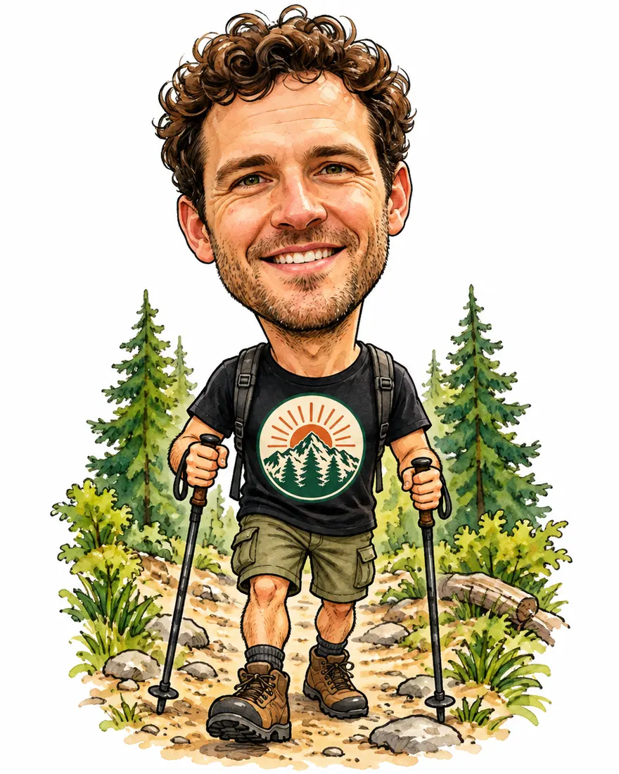 Watercolour: Turn this man into a classic caricature drawing: a big head on a small body, his real face kept recognisable — same curly dark hair, stubble, smile and eyes — with his features playfully exaggerated. Hand-drawn colour caricature style with ink outlines and watercolour shading.