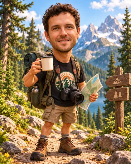A caricature of a curly-haired man as a mountain trail guide with a backpack, coffee mug, camera and trail map