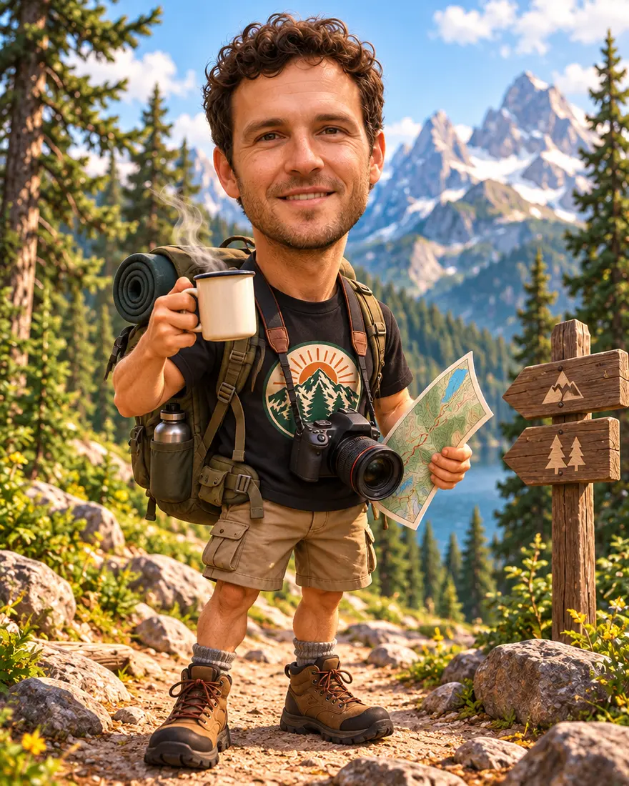 A caricature of a curly-haired man as a mountain trail guide with a backpack, coffee mug, camera and trail map