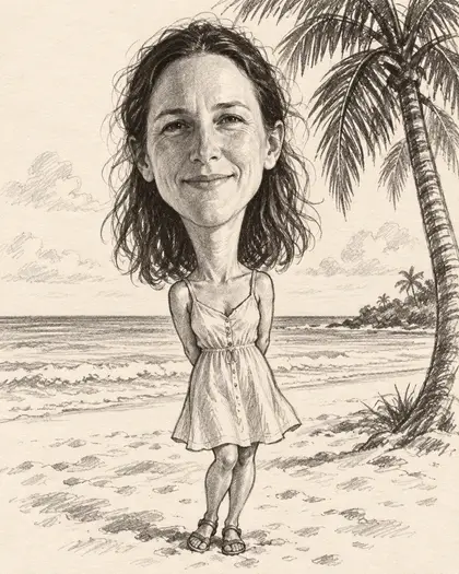 A black-and-white pencil caricature of a smiling woman with wavy hair and a big head, standing on a beach by a palm tree