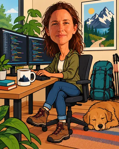 A flat 2D cartoon caricature of a woman at a desk with two code monitors, a coffee mug, hiking boots, a backpack and a mountain poster