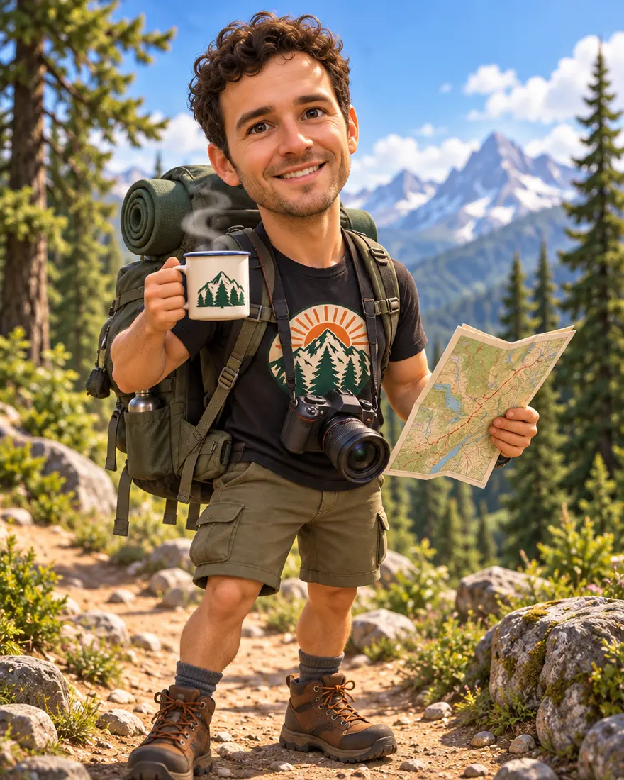 “Fully animated 3D face”: Create a caricature of this man and his job: he is a mountain trail guide who loves coffee and photography. Keep his face recognisable, big head on a small body, 3D animated-movie style.