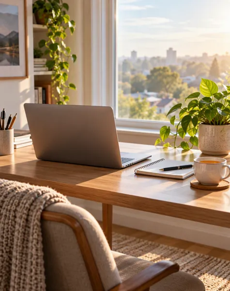 A sunny home-office desk with a laptop, notebook, tea and plants by a window over a city