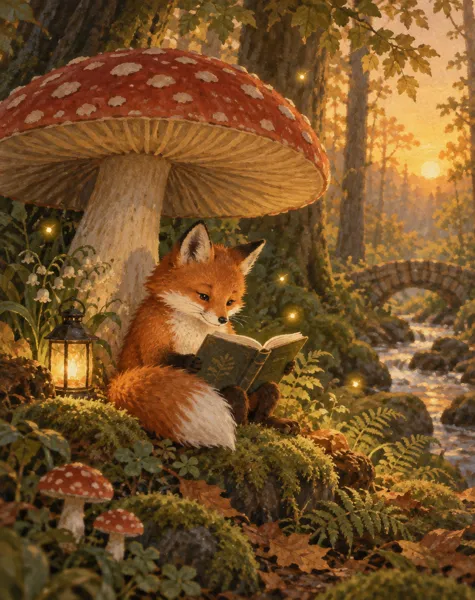 A gouache illustration of a red fox reading a book under a giant red mushroom in a mossy forest at golden hour
