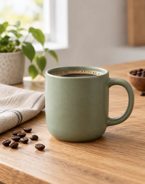 A matte sage-green coffee mug on an oak table with coffee beans and a linen napkin in soft window light