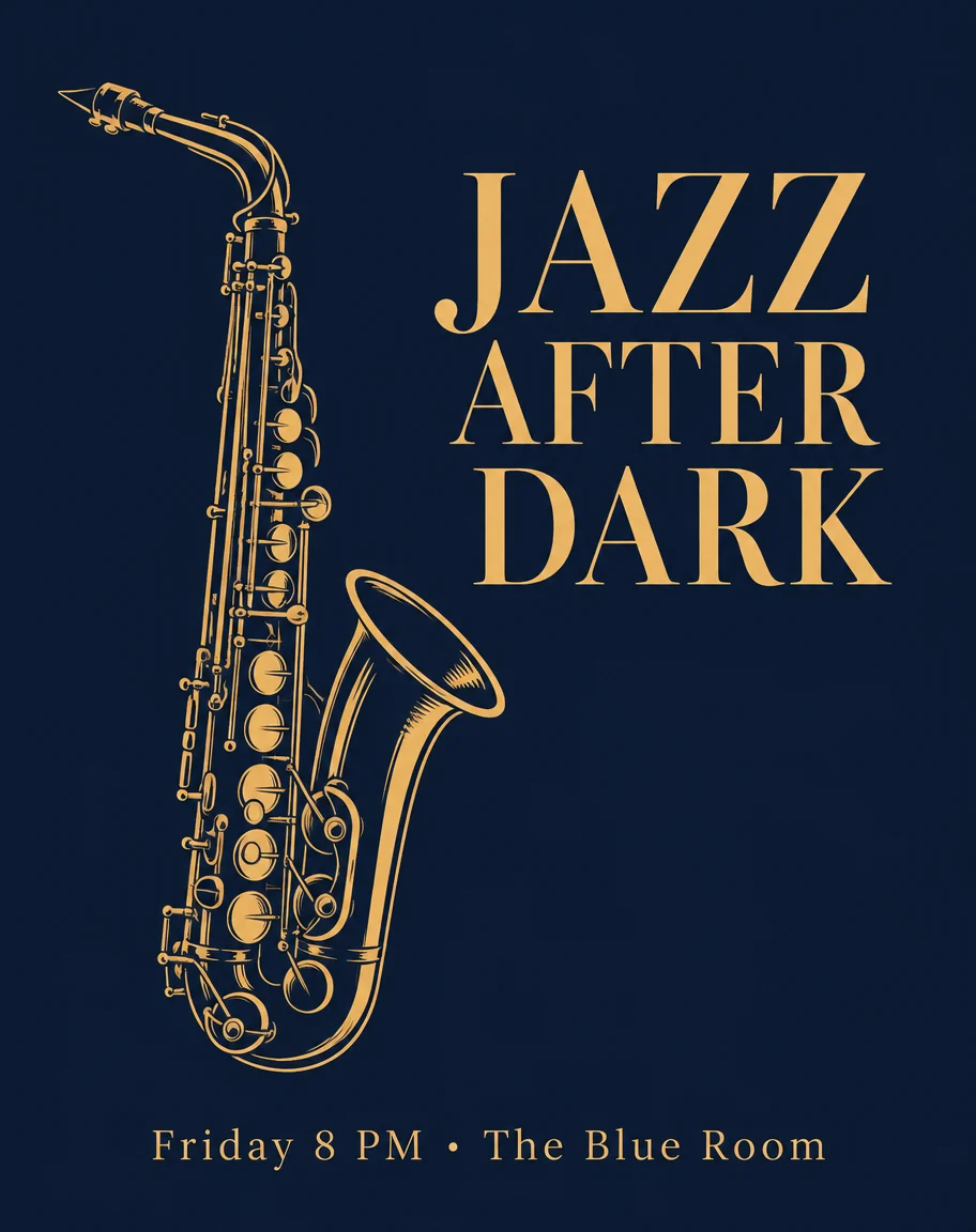 A navy jazz night poster with a gold line-art saxophone and the title JAZZ AFTER DARK