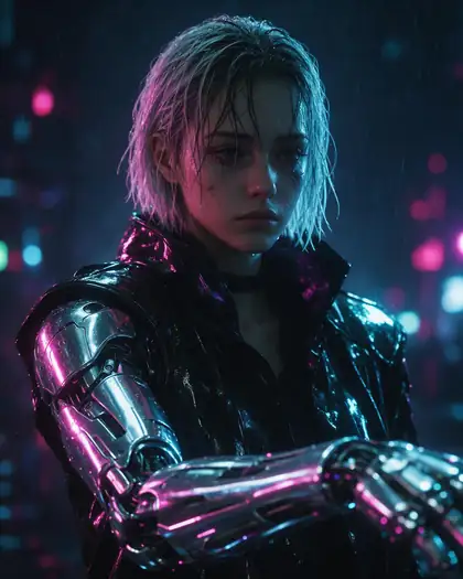 Woman with a chrome cybernetic arm in neon rain