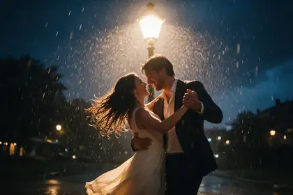 Couple dancing in the rain under a street lamp at night