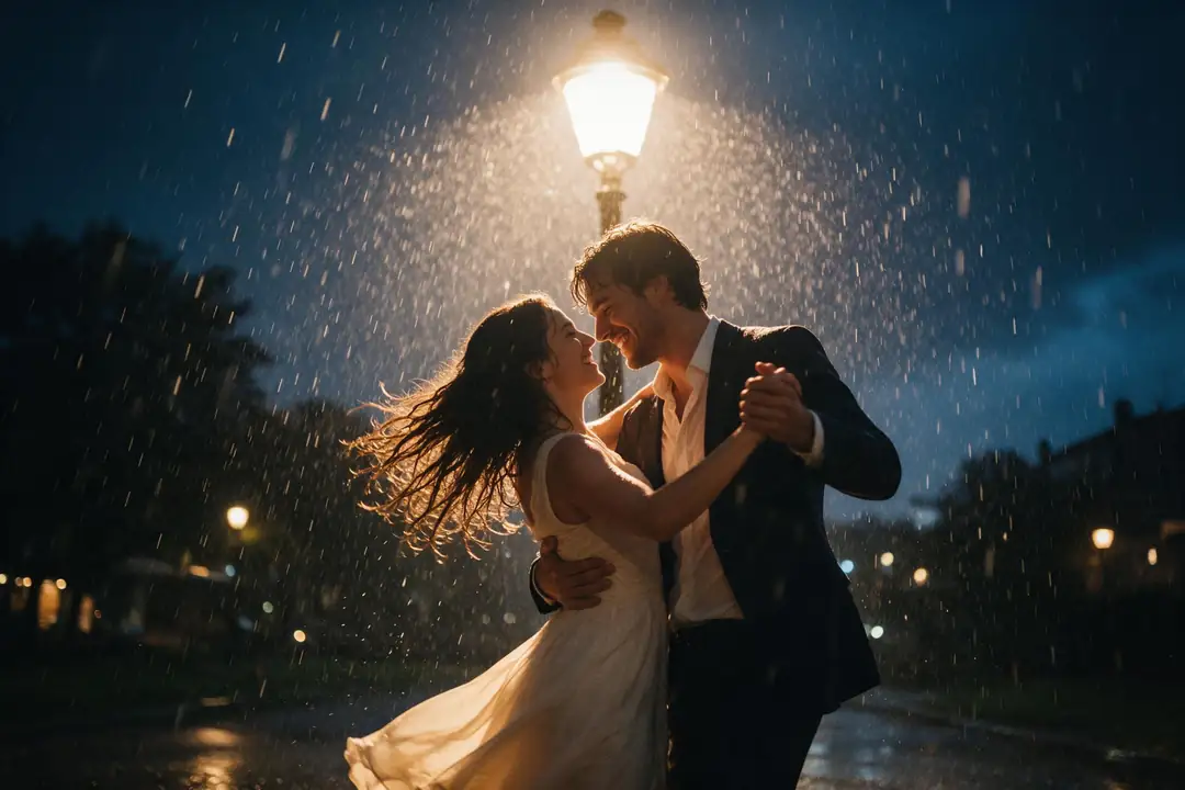 Couple dancing in the rain under a street lamp at night