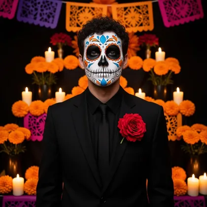A curly-haired man in black calavera face paint with blue and orange petals, a black suit and a red rose, in front of an ofrenda of marigolds and candles